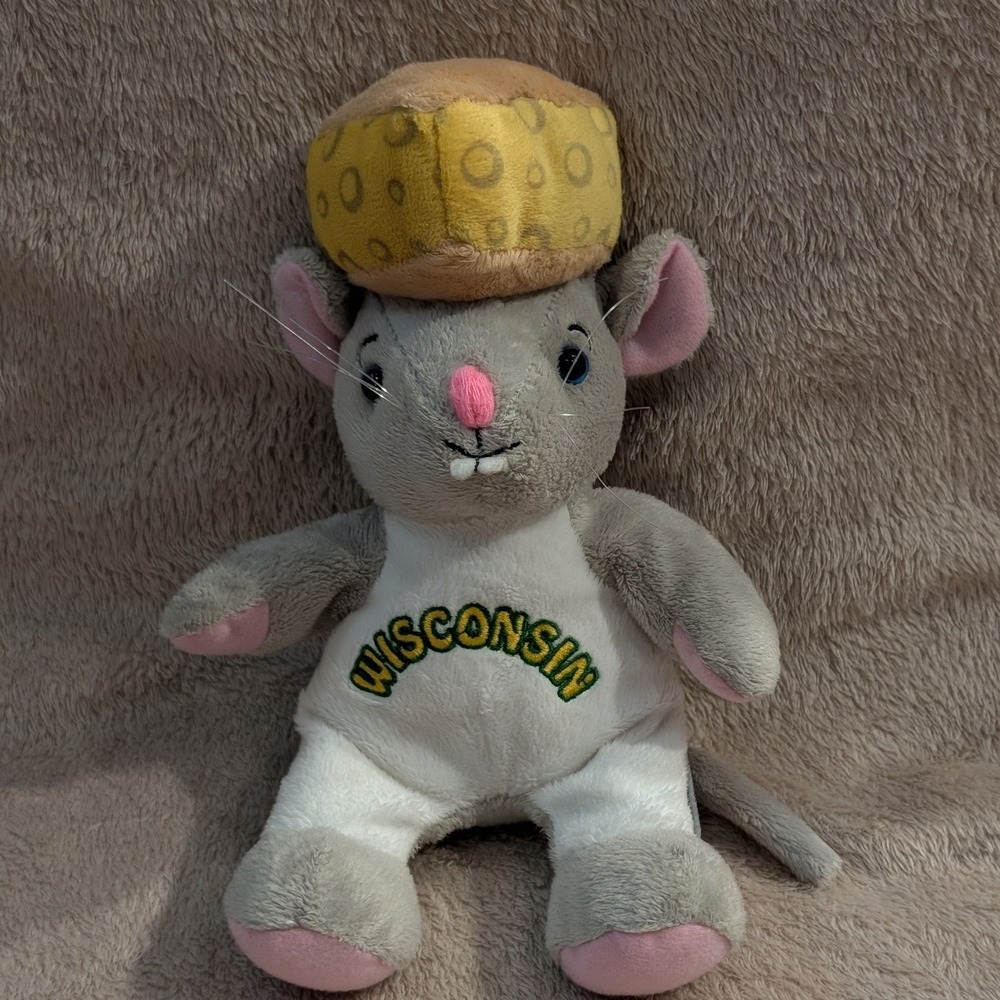 Souvies Plush Mouse Wisconsin Cheese Hat Souvenir 10 Inch Gray White Plushie